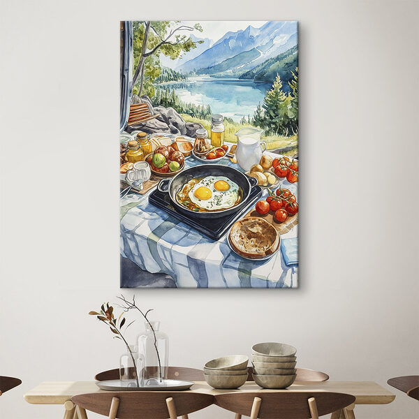 Pfanne mit Essen und eine Pfanne mit Eiern auf einem Tisch mit einem See im Hintergrund Wandbilder Pfanne mit Essen und eine Pfanne mit Eiern auf einem Tisch mit einem See im Hintergrund