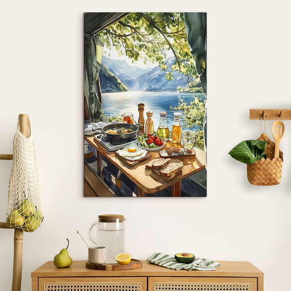 Tisch mit Speisen und Getränken an einem See Wandbilder Tisch mit Speisen und Getränken an einem See