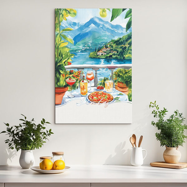 Aquarellmalerei eines Tisches mit Getränken und Blick auf einen See Wandbilder Aquarellmalerei eines Tisches mit Getränken und Blick auf einen See