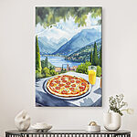 Wandbilder Pizza und Saft auf einem Tisch mit Bergen und Bäumen