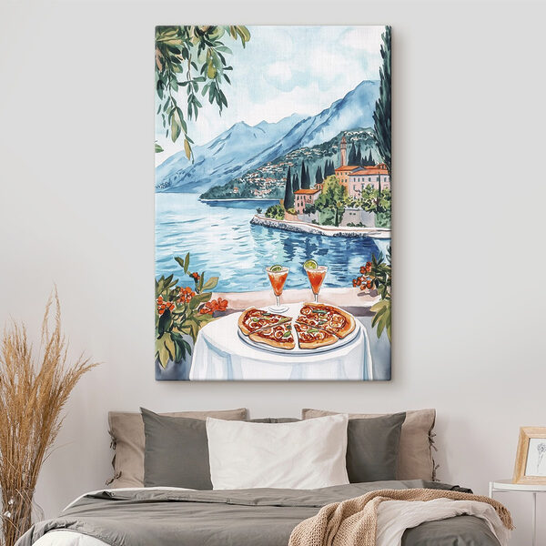 Aquarellmalerei eines Tisches mit Essen und einem See im Hintergrund Wandbilder Aquarellmalerei eines Tisches mit Essen und einem See im Hintergrund