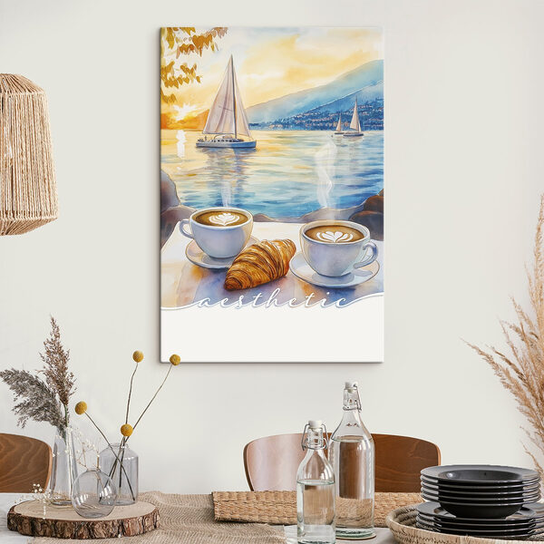 Zwei Tassen Kaffee und Croissant auf einem Tisch mit einem Segelboot im Hintergrund Wandbilder Zwei Tassen Kaffee und Croissant auf einem Tisch mit einem Segelboot im Hintergrund