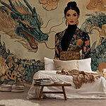 Fototapeten Frau im Kimono und ein Drache