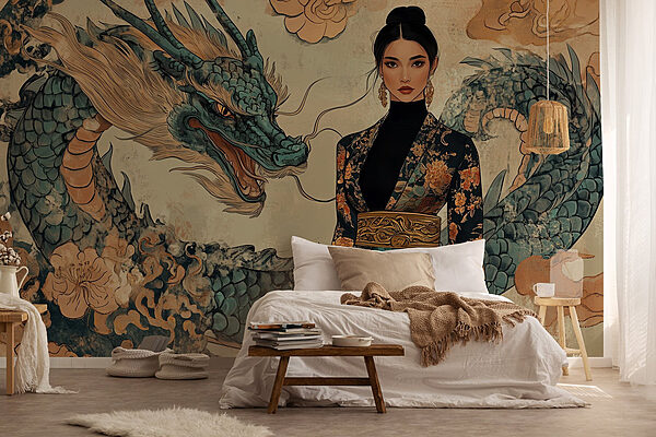 Frau im Kimono und ein Drache Fototapeten Frau im Kimono und ein Drache