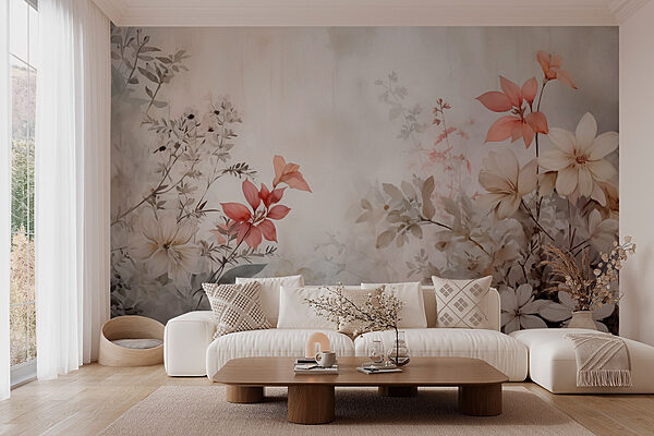 Gemälde mit Blumen an einer Wand Fototapeten Gemälde mit Blumen an einer Wand
