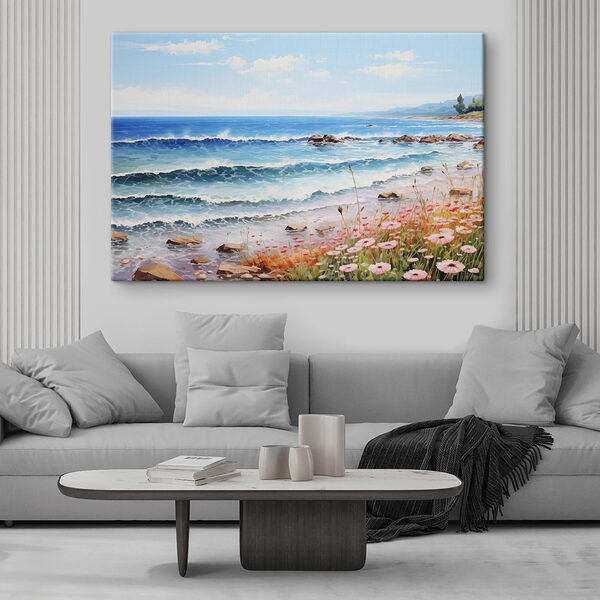 Gemälde eines Strandes mit Blumen und Wellen Wandbilder Gemälde eines Strandes mit Blumen und Wellen