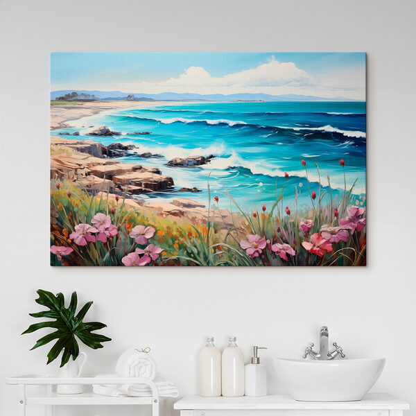Gemälde eines Strandes mit Blumen und Wellen Wandbilder Gemälde eines Strandes mit Blumen und Wellen