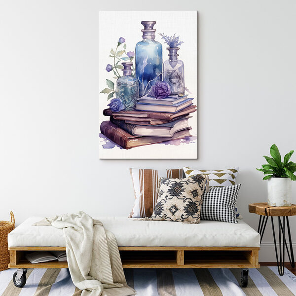 Aquarell eines Stapels von Büchern und Flaschen Wandbilder Aquarell eines Stapels von Büchern und Flaschen