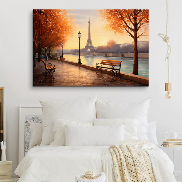 Bank und ein Fluss mit Bäumen und einem Turm im Hintergrund Wandbilder Bank und ein Fluss mit Bäumen und einem Turm im Hintergrund