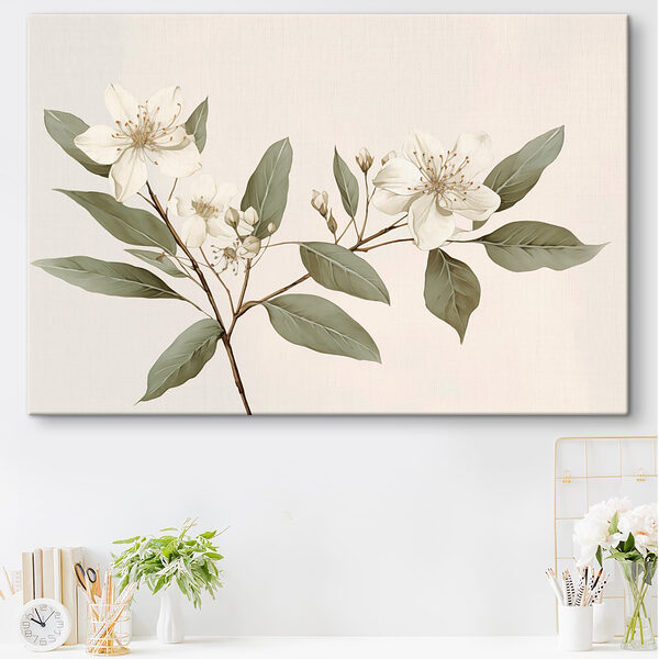 Weiße Blüten und Blätter auf einem Zweig Wandbilder Weiße Blüten und Blätter auf einem Zweig