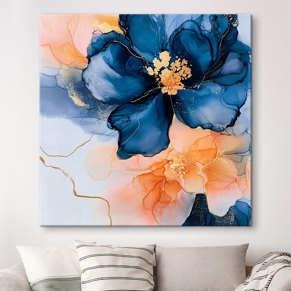 Gemälde mit blauen und orangefarbenen Blumen Wandbilder Gemälde mit blauen und orangefarbenen Blumen