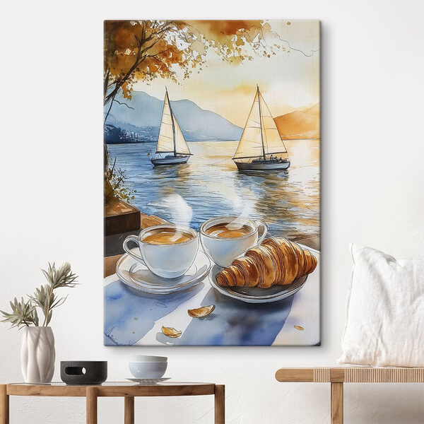 Aquarell von zwei Tassen Kaffee und einem Croissant auf einem Tisch Wandbilder Aquarell von zwei Tassen Kaffee und einem Croissant auf einem Tisch