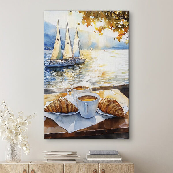 Aquarellmalerei eines Tisches mit Kaffee und Croissants Wandbilder Aquarellmalerei eines Tisches mit Kaffee und Croissants