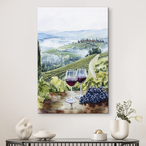 Aquarell von Weingläsern auf einem Tisch mit Trauben und Hügeln im Hintergrund Wandbilder Aquarell von Weingläsern auf einem Tisch mit Trauben und Hügeln im Hintergrund