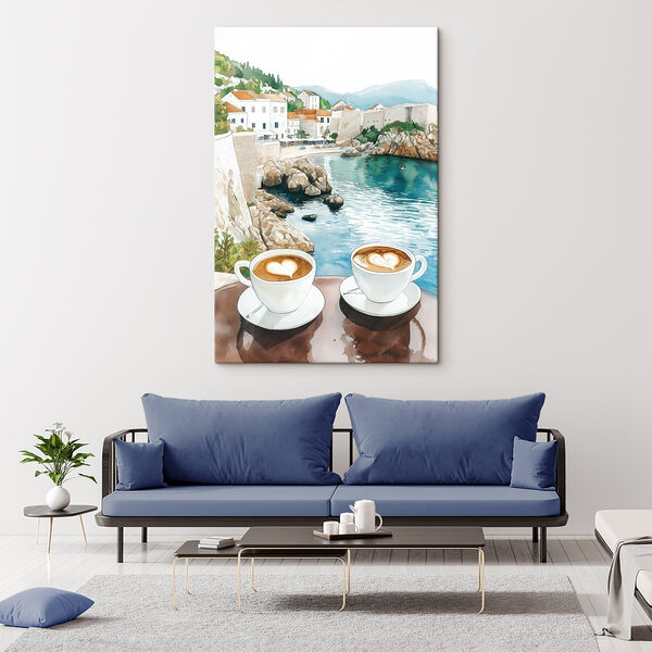 Zwei Tassen Kaffee mit einem herzförmigen Schaum auf einem Tisch mit Blick auf ein Gewässer Wandbilder Zwei Tassen Kaffee mit einem herzförmigen Schaum auf einem Tisch mit Blick auf ein Gewässer
