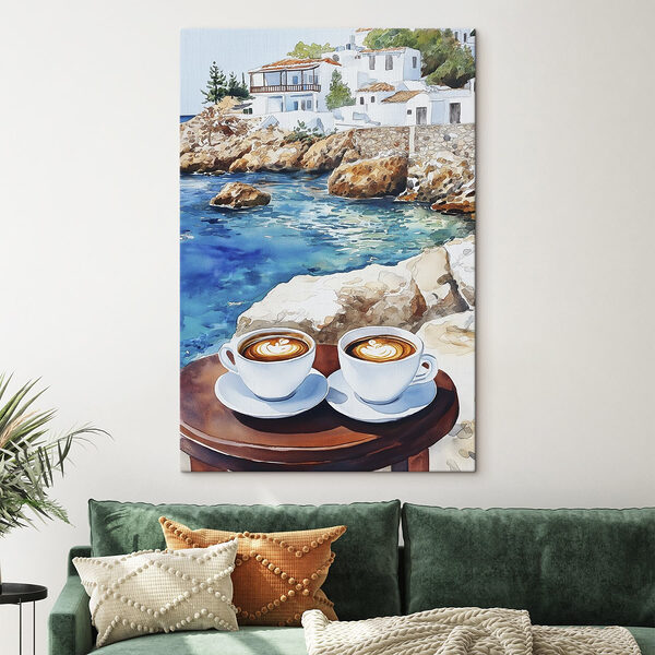 Zwei Tassen Kaffee auf einem Tisch neben einer Wasserfläche Wandbilder Zwei Tassen Kaffee auf einem Tisch neben einer Wasserfläche