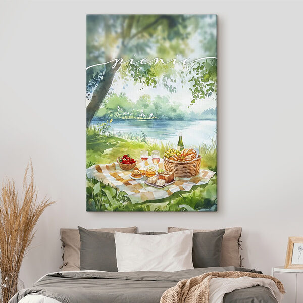 Aquarellmalerei eines Picknicks mit Essen und Wein auf einer Decke am See Wandbilder Aquarellmalerei eines Picknicks mit Essen und Wein auf einer Decke am See