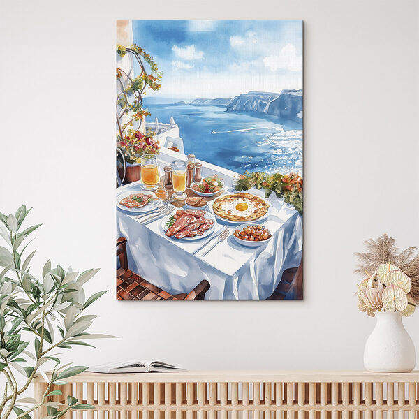 Aquarellmalerei von Essen auf einem Tisch mit Blick auf ein Gewässer Wandbilder Aquarellmalerei von Essen auf einem Tisch mit Blick auf ein Gewässer