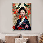 Wandbilder Frau im Kimono mit Blumen und Vögeln