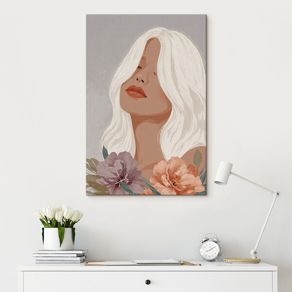 Frau mit langen weißen Haaren und Blumen Wandbilder Frau mit langen weißen Haaren und Blumen