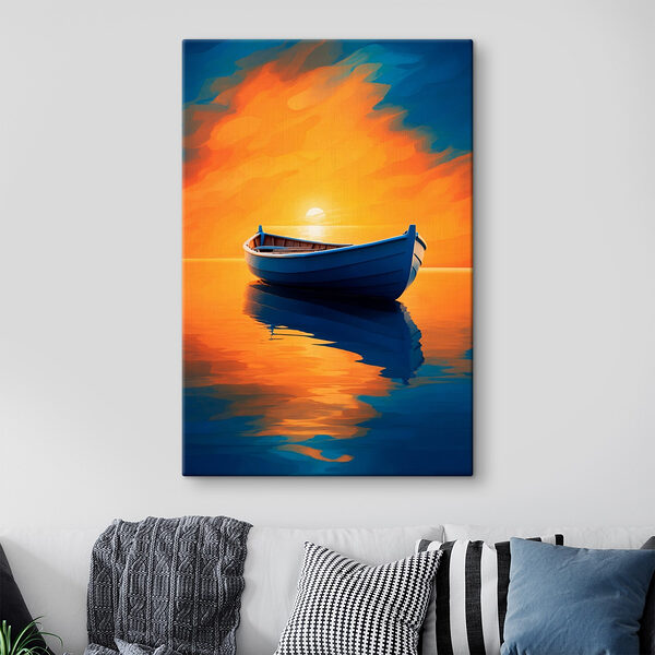 Boot auf dem Wasser mit Sonnenuntergang im Hintergrund Wandbilder Boot auf dem Wasser mit Sonnenuntergang im Hintergrund
