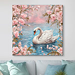 Wandbilder Schwan schwimmt im Wasser mit rosa Blumen