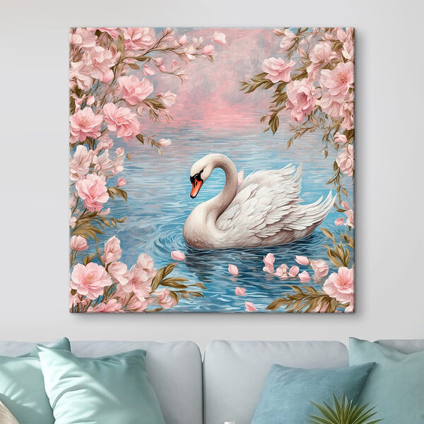 Schwan schwimmt im Wasser mit rosa Blumen Wandbilder Schwan schwimmt im Wasser mit rosa Blumen