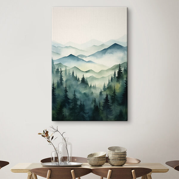 Gemälde einer Bergkette mit Bäumen und Nebel Wandbilder Gemälde einer Bergkette mit Bäumen und Nebel