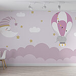 Fototapeten Cartoon Elefant und Mond in einem Ballon