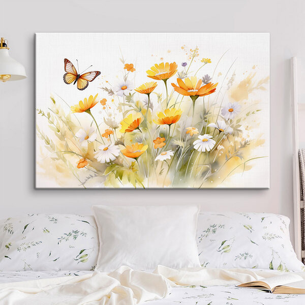 Schmetterling fliegt über eine gelbe und weiße Blumen Wandbilder Schmetterling fliegt über eine gelbe und weiße Blumen