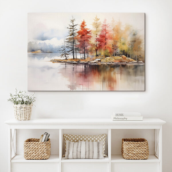 Aquarellmalerei von Bäumen und Felsen an einem See Wandbilder Aquarellmalerei von Bäumen und Felsen an einem See