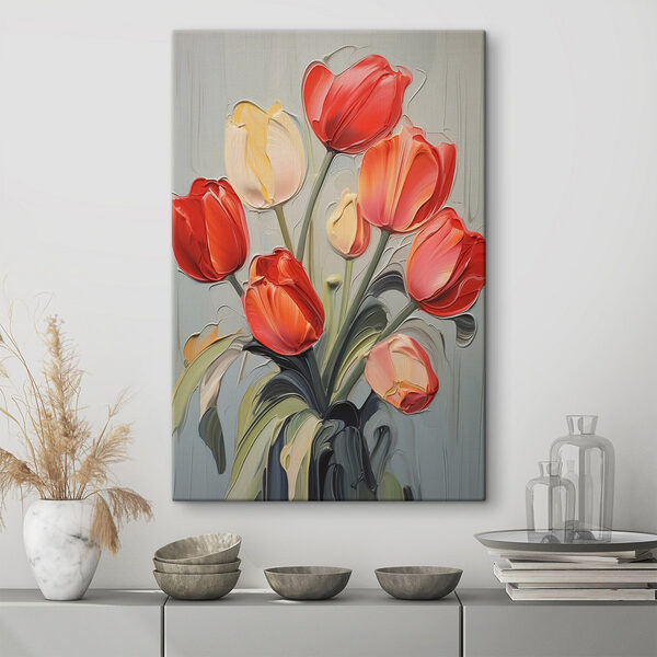 Gemälde von Tulpen auf grauem Hintergrund Wandbilder Gemälde von Tulpen auf grauem Hintergrund