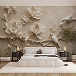 Fototapeten Weißer Vogel auf einem Zweig mit Blumen