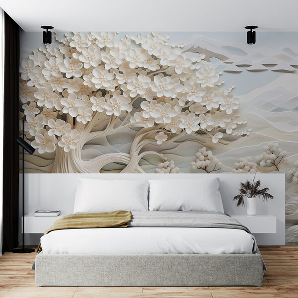 Weißer Baum mit weißen Blumen und einem Fluss Fototapeten Weißer Baum mit weißen Blumen und einem Fluss