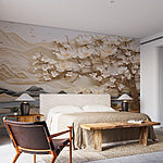 Fototapeten Baum mit weißen Blüten und Bergen