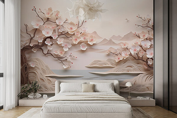 Papierausschnitt eines Baumes mit Blumen und Wasser Fototapeten Papierausschnitt eines Baumes mit Blumen und Wasser