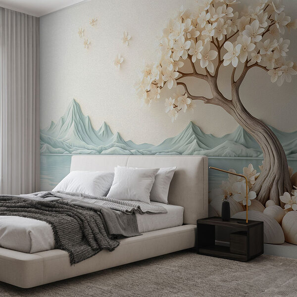 Baum mit Blumen und Steinen neben dem Wasser Fototapeten Baum mit Blumen und Steinen neben dem Wasser