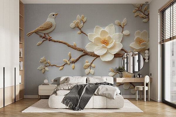 Vogel auf einem Zweig mit Blumen Fototapeten Vogel auf einem Zweig mit Blumen