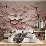 Fototapeten Weiße und rosa Blumen an einer Wand