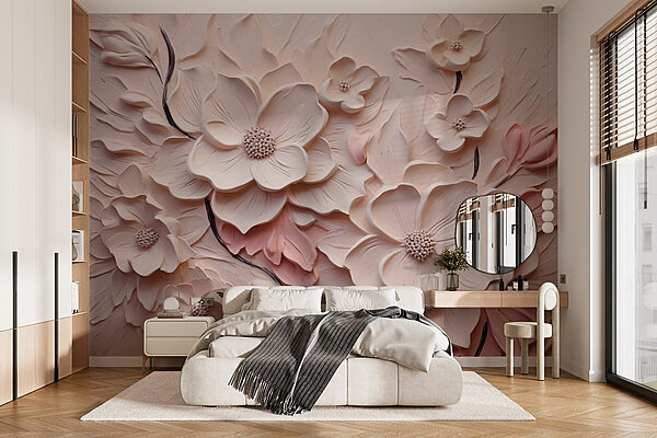 Weiße und rosa Blumen an einer Wand Fototapeten Weiße und rosa Blumen an einer Wand