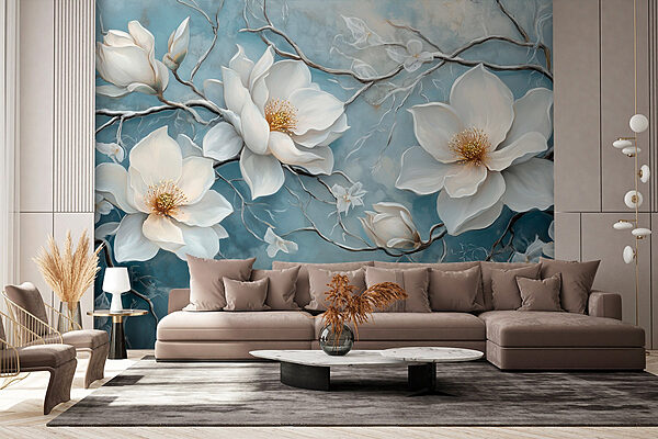 Malerei von weißen Blumen auf blauem Hintergrund Fototapeten Malerei von weißen Blumen auf blauem Hintergrund
