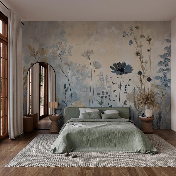 Gemälde mit Blumen an einer Wand Fototapeten Gemälde mit Blumen an einer Wand