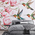 Fototapeten Gruppe von Kolibris fliegen neben Blumen