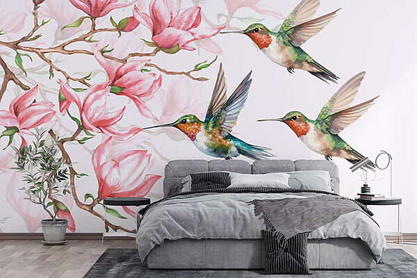 Gruppe von Kolibris fliegen neben Blumen Fototapeten Gruppe von Kolibris fliegen neben Blumen