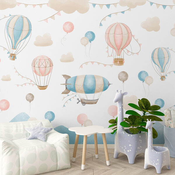 Gruppe von Heißluftballons und Fahnen Fototapeten Gruppe von Heißluftballons und Fahnen