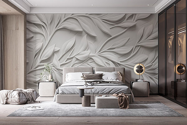 Fototapeten Weiße Wand mit Blättern