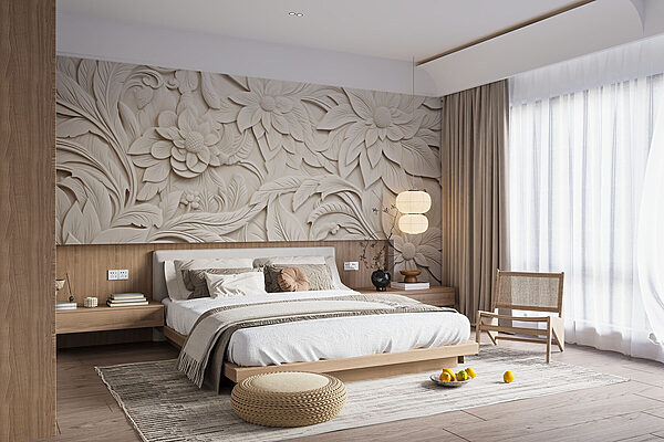 Weiße Wand mit Blumen und Blättern Fototapeten Weiße Wand mit Blumen und Blättern