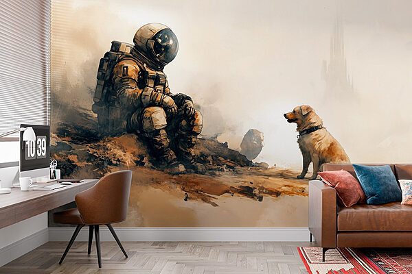 Ein Astronaut sitzt auf einem Felsen und schaut einen Hund an Fototapeten Ein Astronaut sitzt auf einem Felsen und schaut einen Hund an