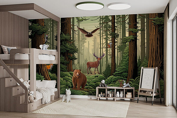 Wald mit Tieren und Vögeln Fototapeten Wald mit Tieren und Vögeln
