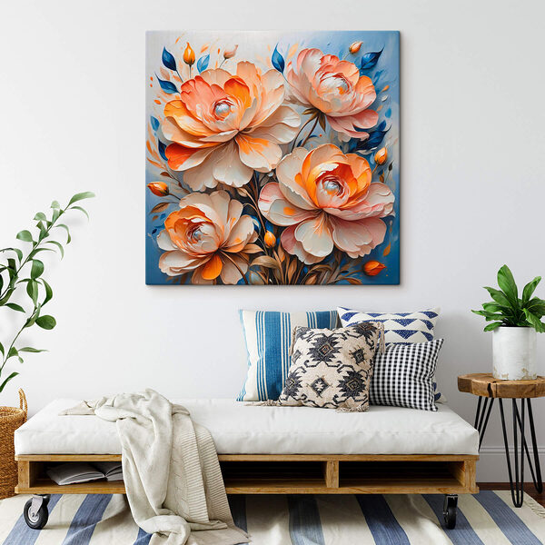 Gemälde mit Blumen auf blauem Hintergrund Wandbilder Gemälde mit Blumen auf blauem Hintergrund